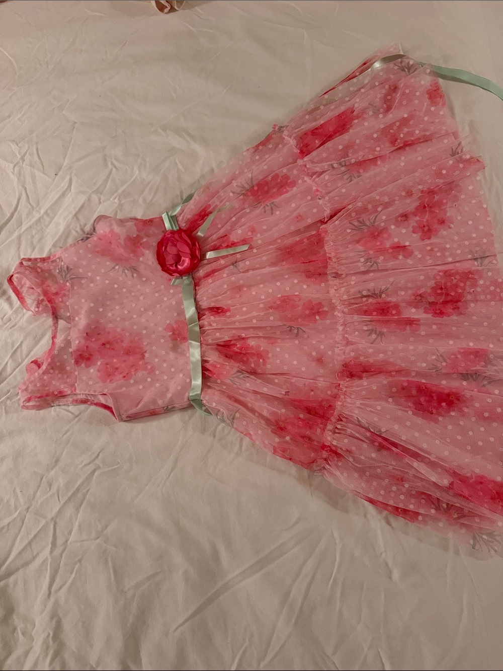 Girls Pink Floral Tulle Party Dress with Satin Waist Flower
